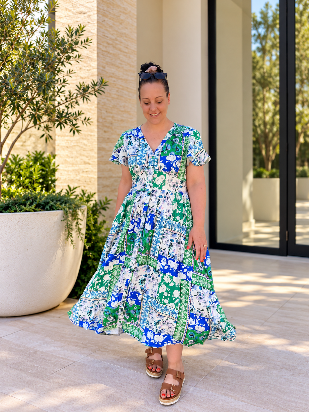 Amie Midi Dress - Green & Blue Print
