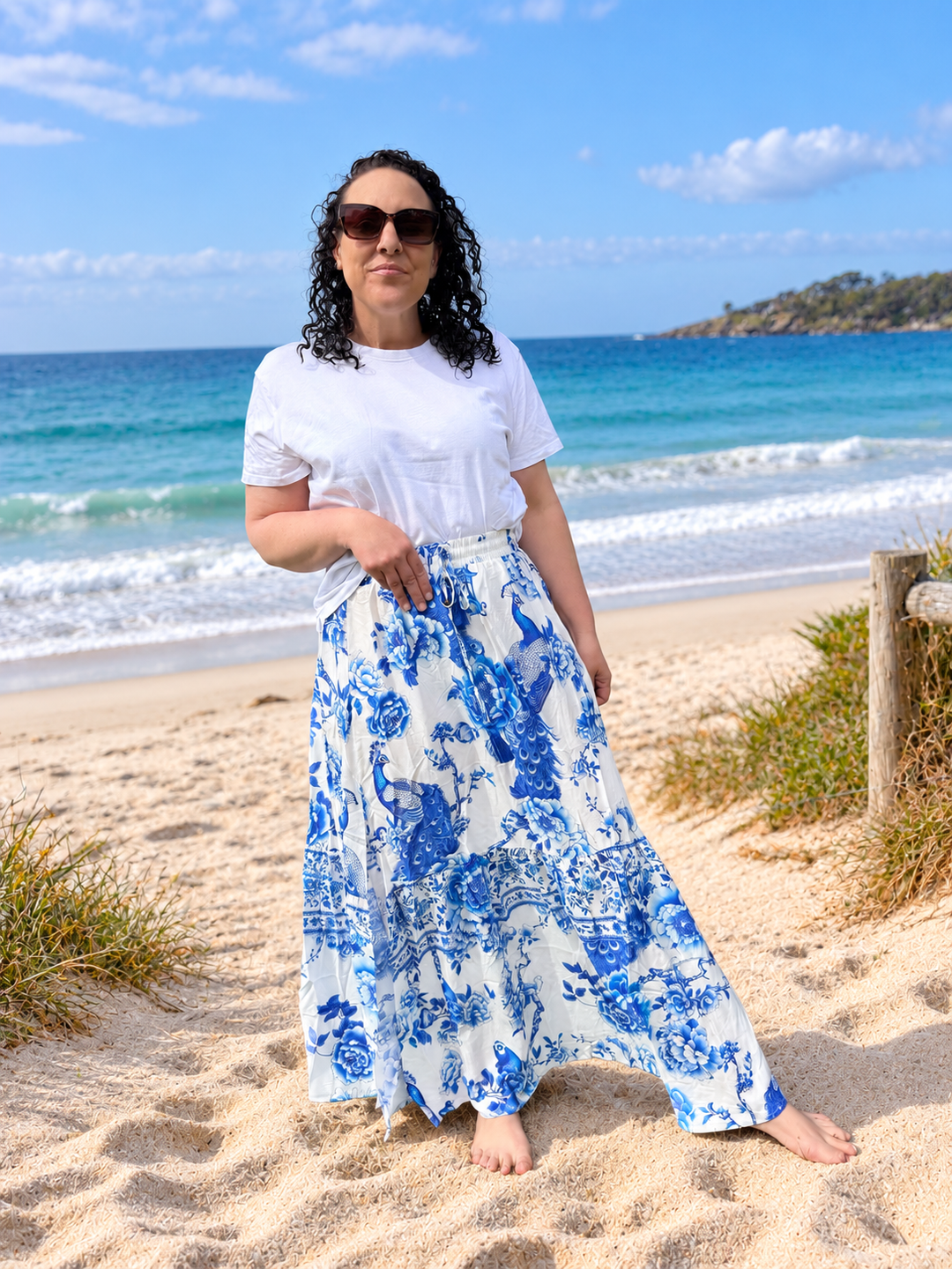 Crystal Maxi Skirt - White with Blue Floral Print | Dreamcatcher