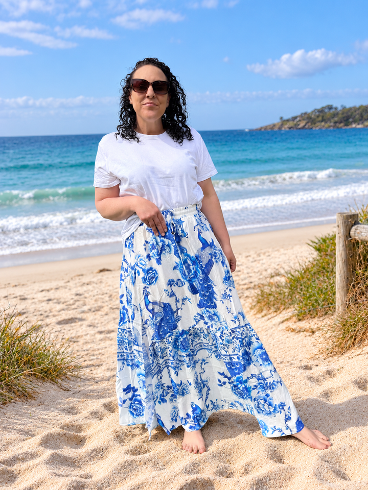 Crystal Maxi Skirt - White with Blue Floral Print | Dreamcatcher