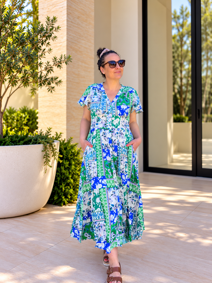 Amie Midi Dress - Green & Blue Print