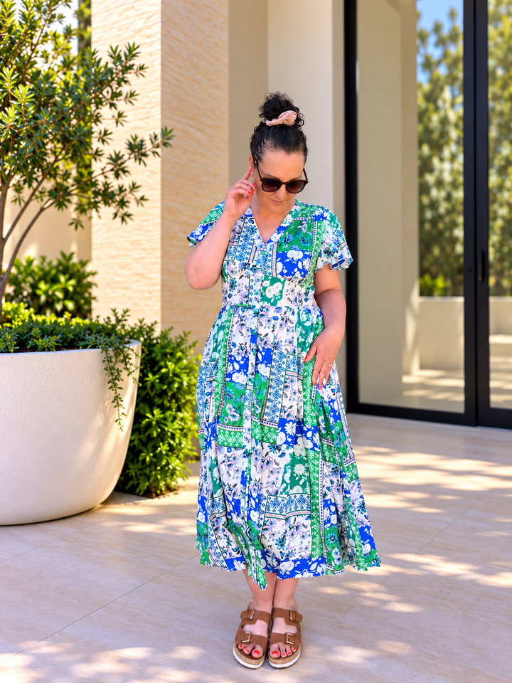 Amie Midi Dress - Green & Blue Print
