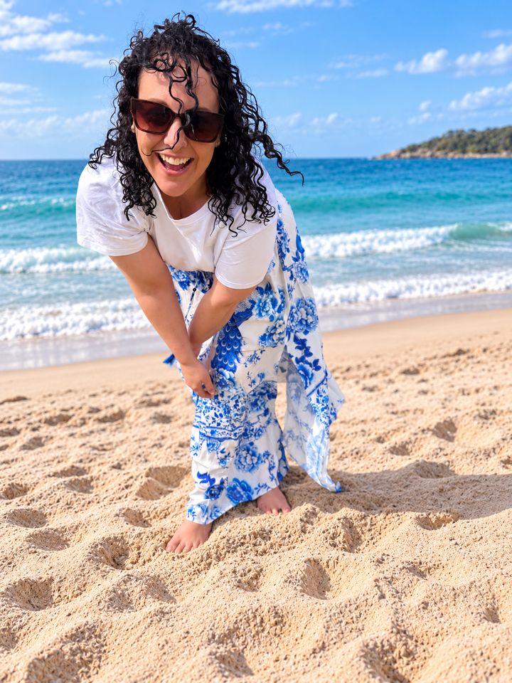 Crystal Maxi Skirt - White with Blue Floral Print | Dreamcatcher