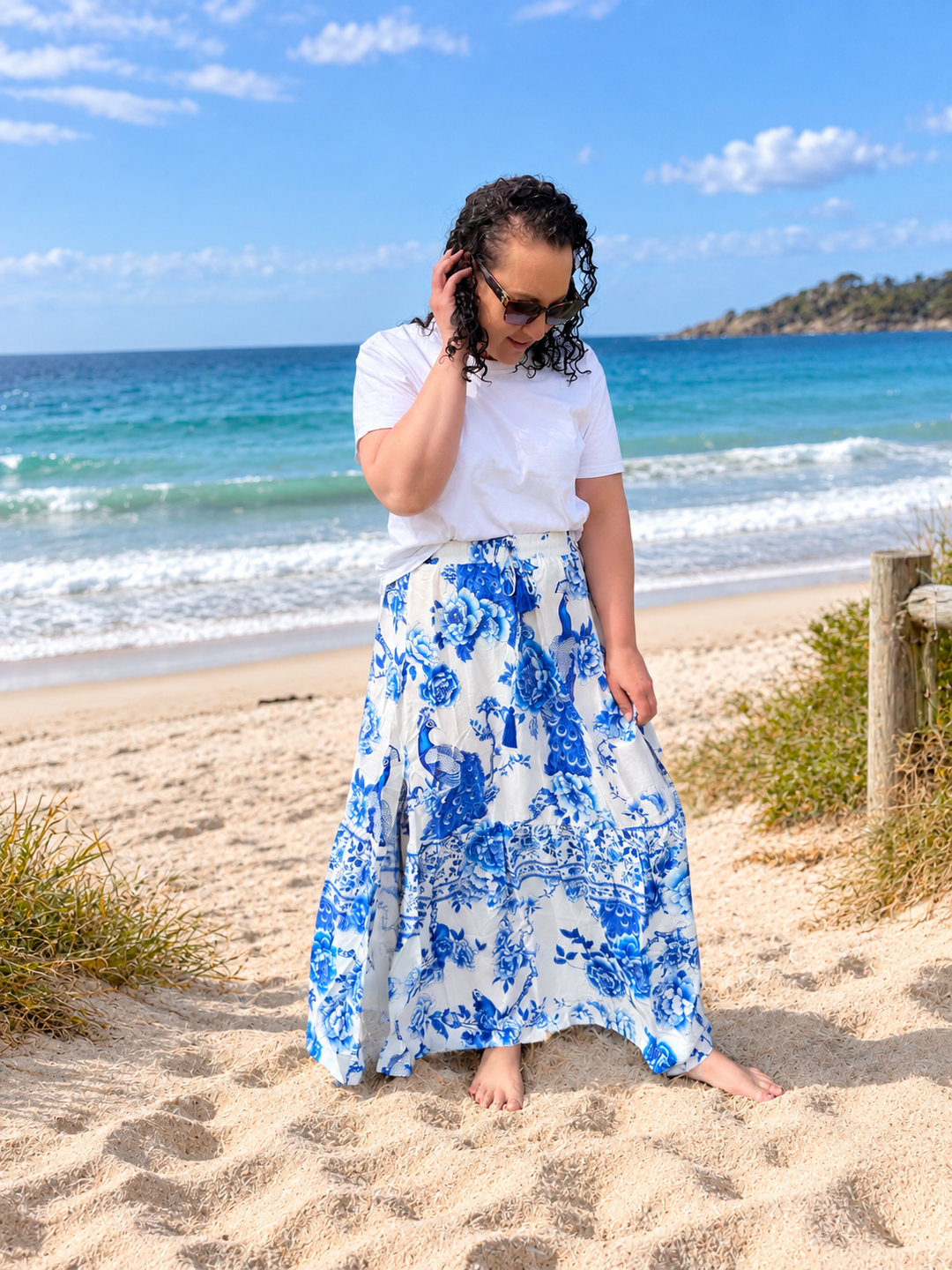 Crystal Maxi Skirt - White with Blue Floral Print | Dreamcatcher