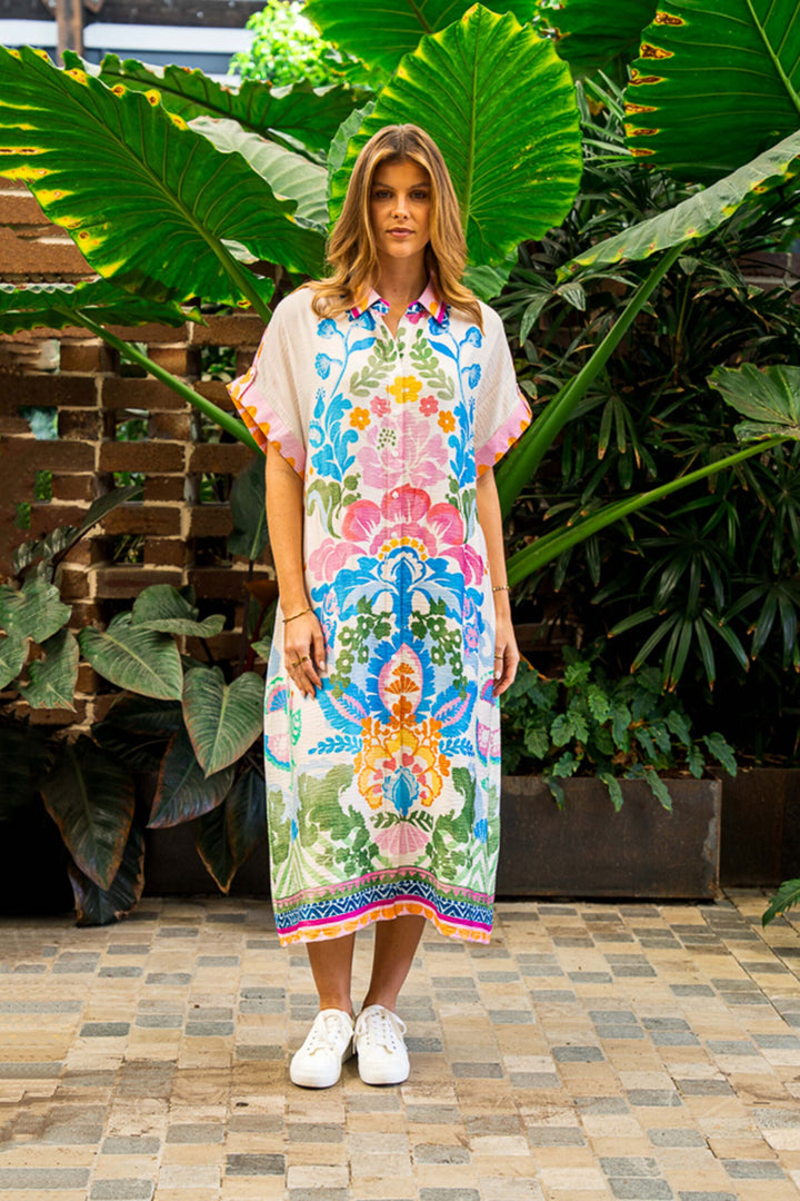Aarav Midi Dress – White Multi Print