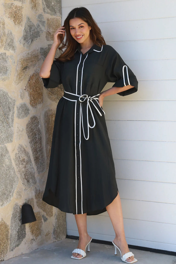 Alina Black Midi Dress with white detailing