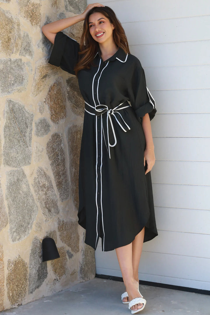 Alina Black Midi Dress with white detailing