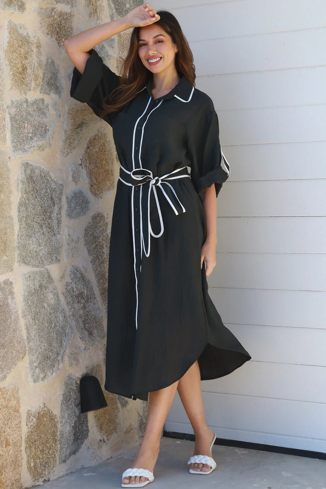 Alina Black Midi Dress with white detailing