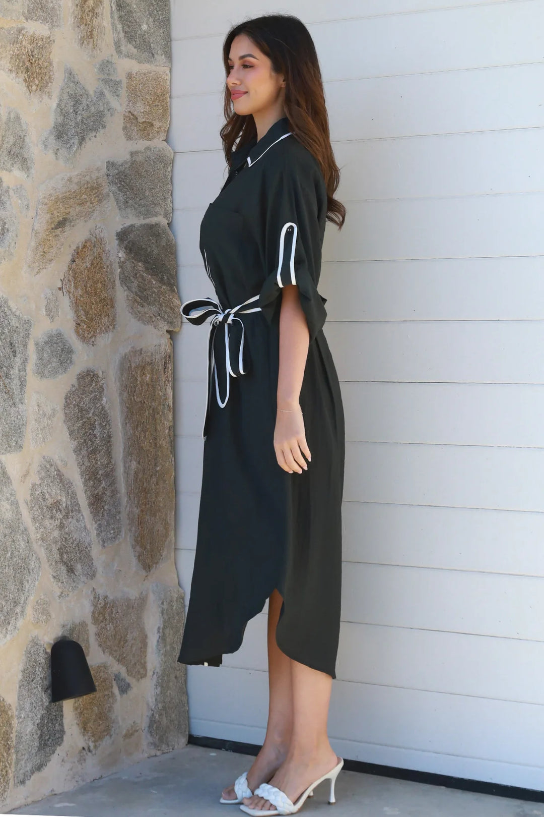 Alina Black Midi Dress with white detailing