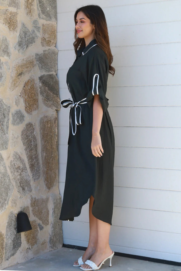 Alina Black Midi Dress with white detailing