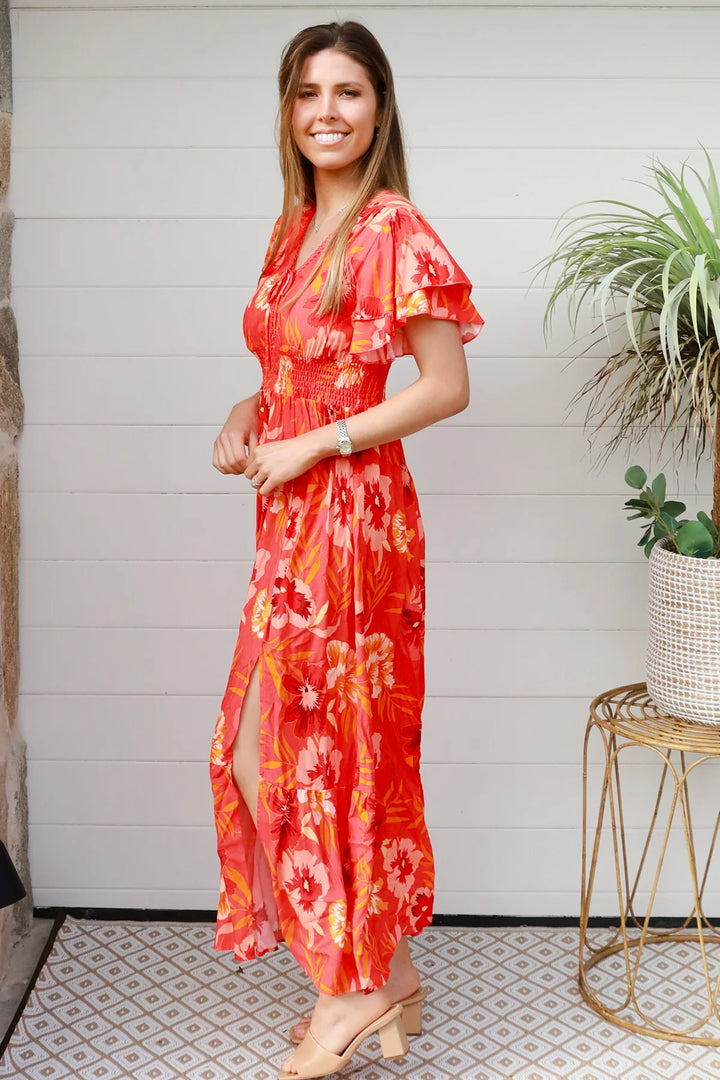 Amaya Maxi Dress — Orange/Red Floral
