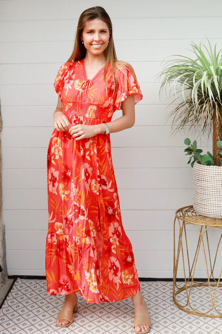 Amaya Maxi Dress — Orange/Red Floral