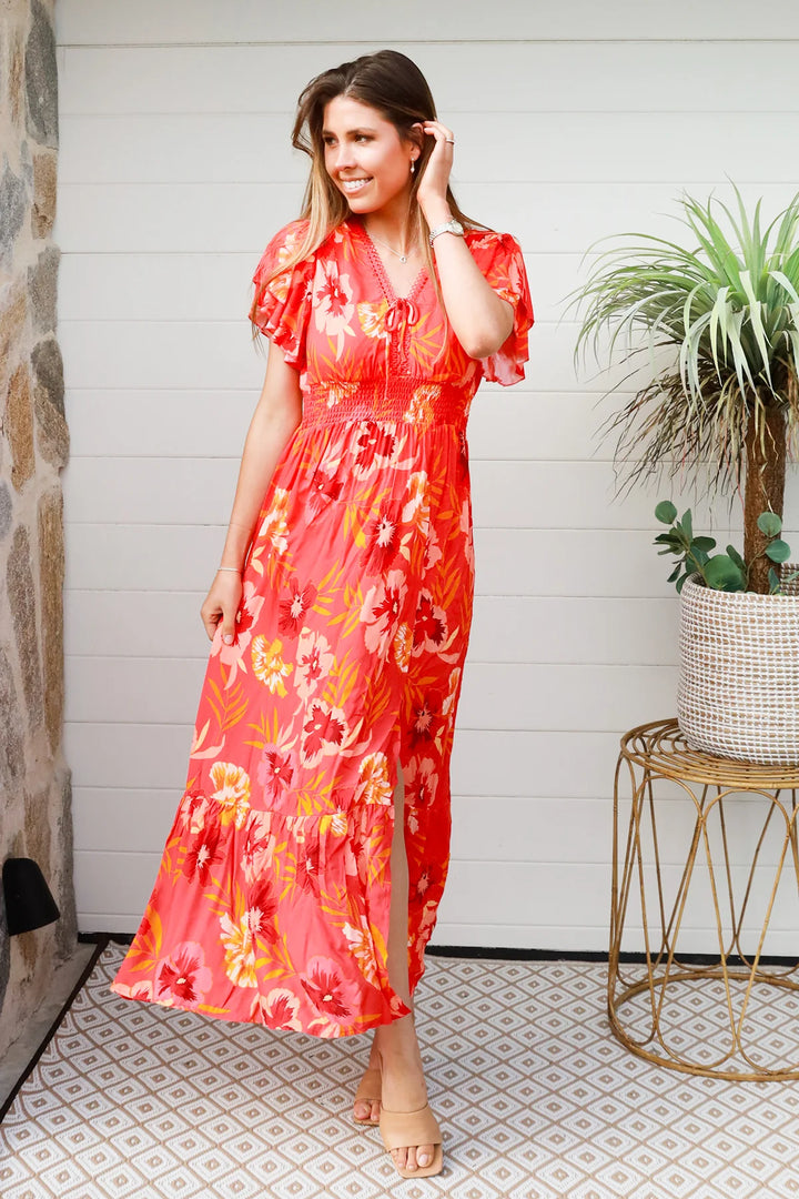 Amaya Maxi Dress — Orange/Red Floral