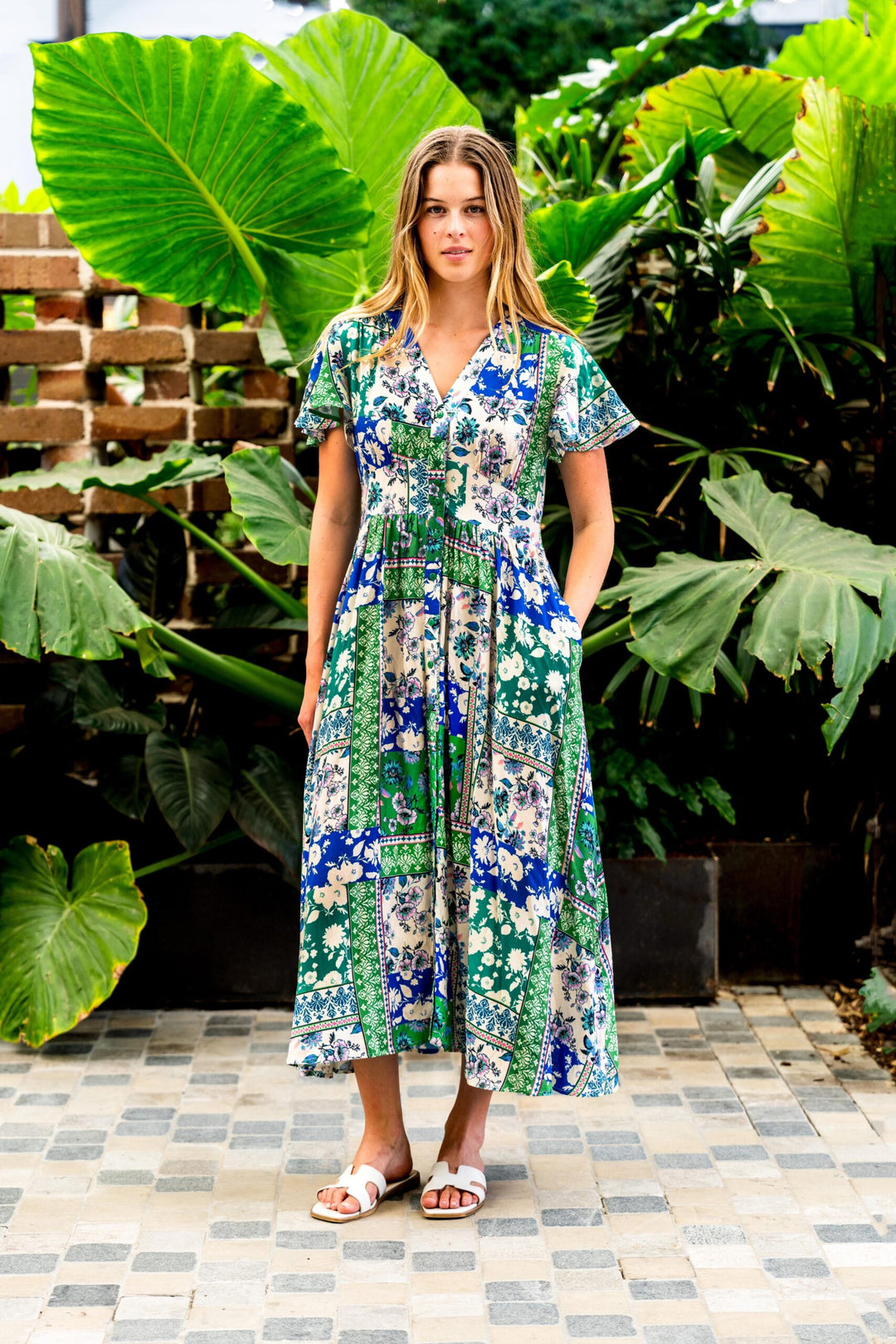 Amie Midi Dress - Green & Blue Print