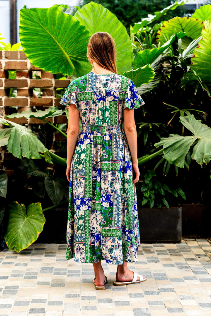 Amie Midi Dress - Green & Blue Print