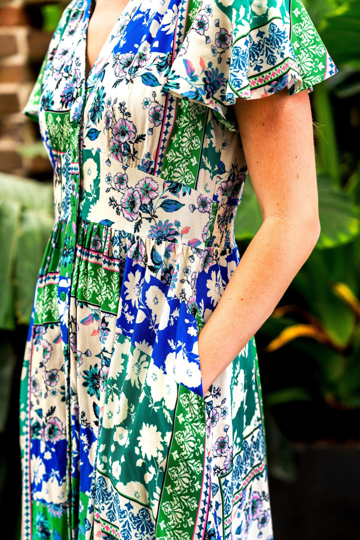 Amie Midi Dress - Green & Blue Print