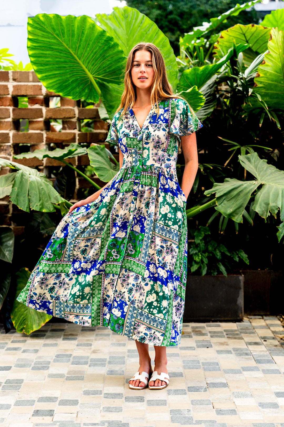 Amie Midi Dress - Green & Blue Print
