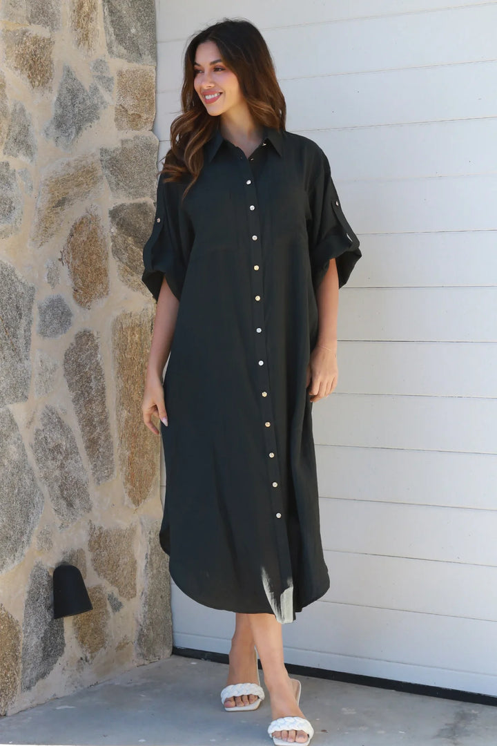 Alina Solid Black Midi Dress