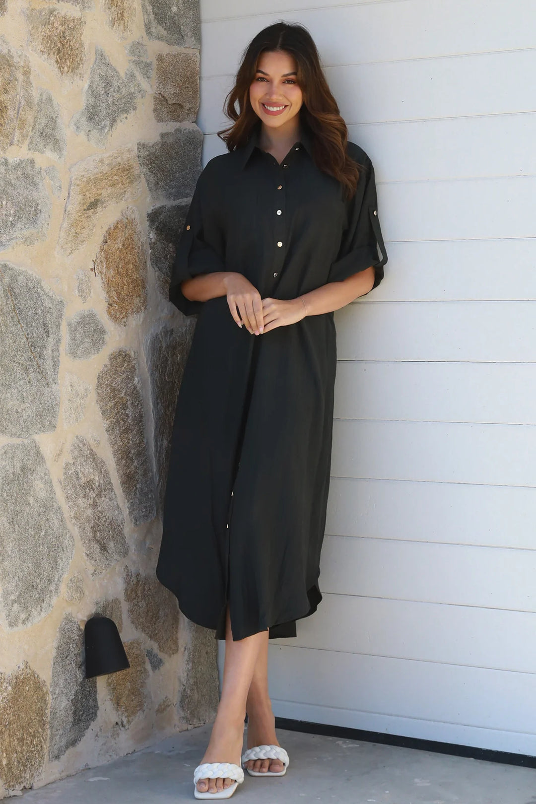 Alina Solid Black Midi Dress