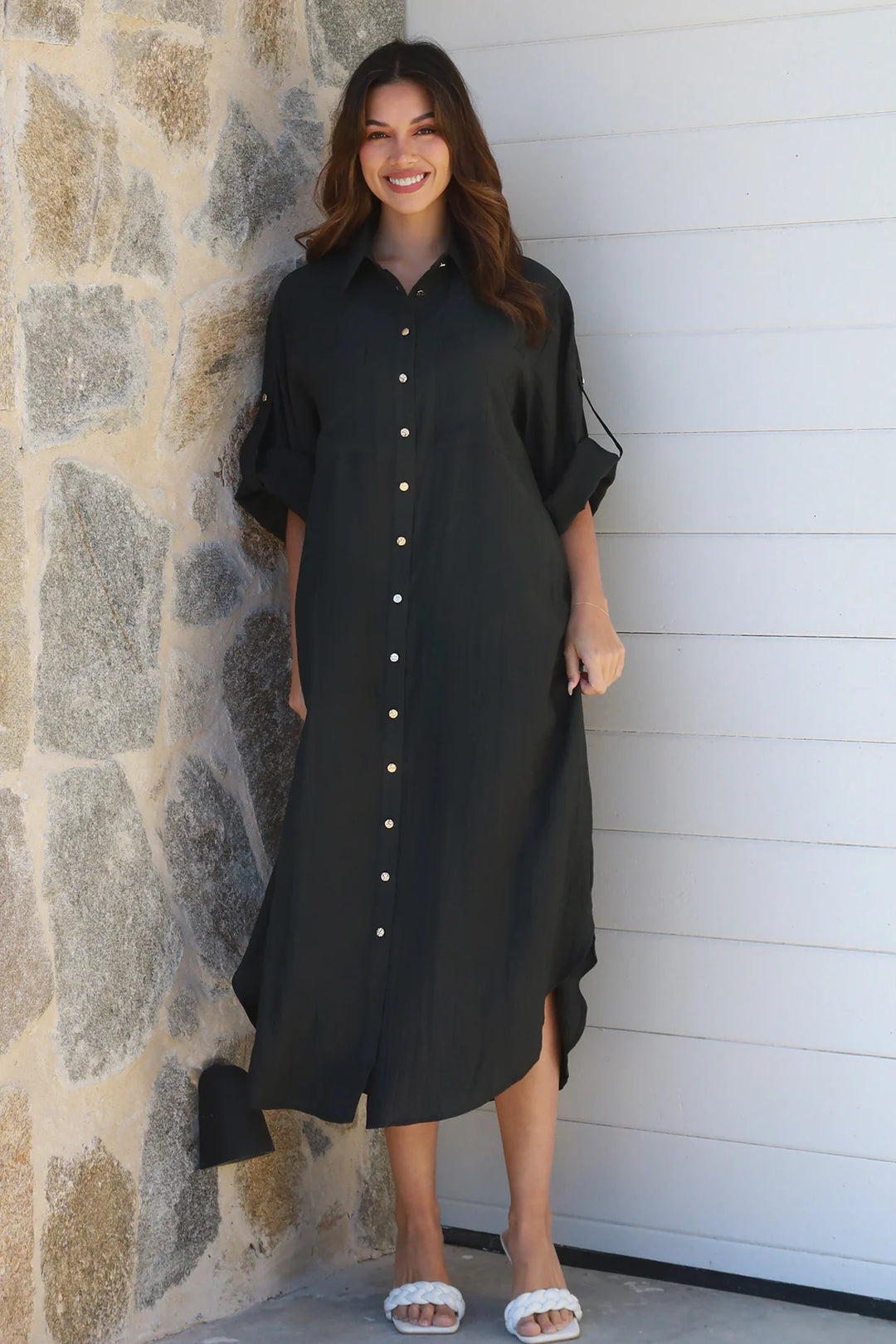 Alina Solid Black Midi Dress