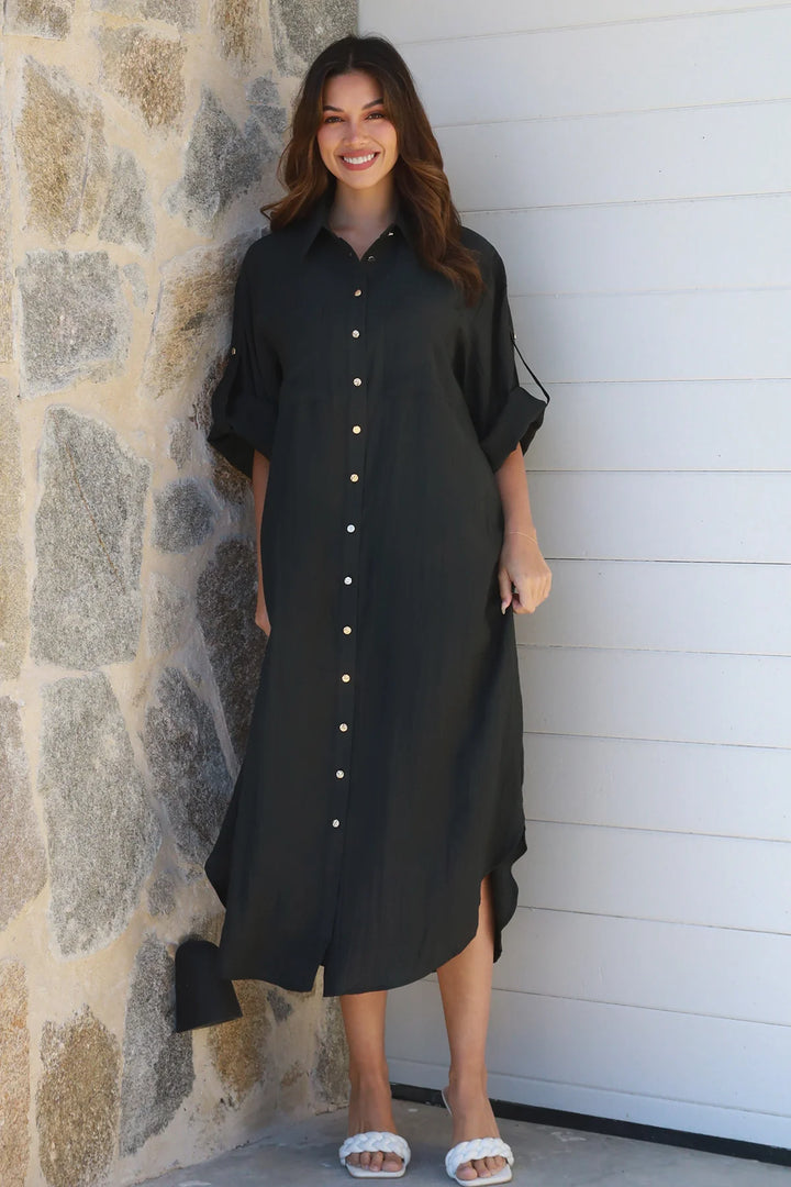 Alina Solid Black Midi Dress