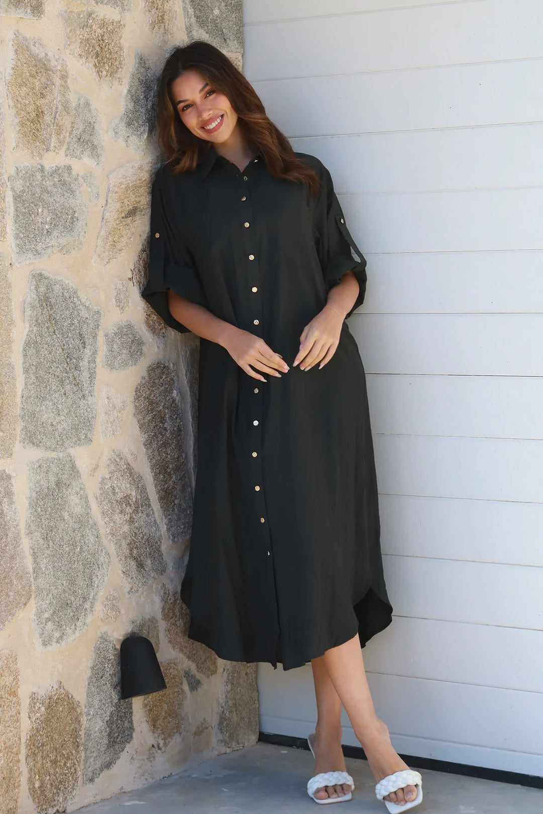 Alina Solid Black Midi Dress