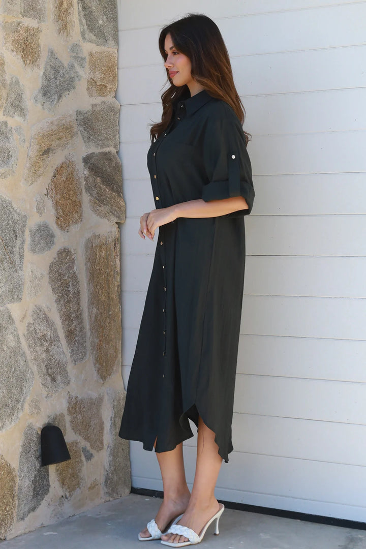 Alina Solid Black Midi Dress