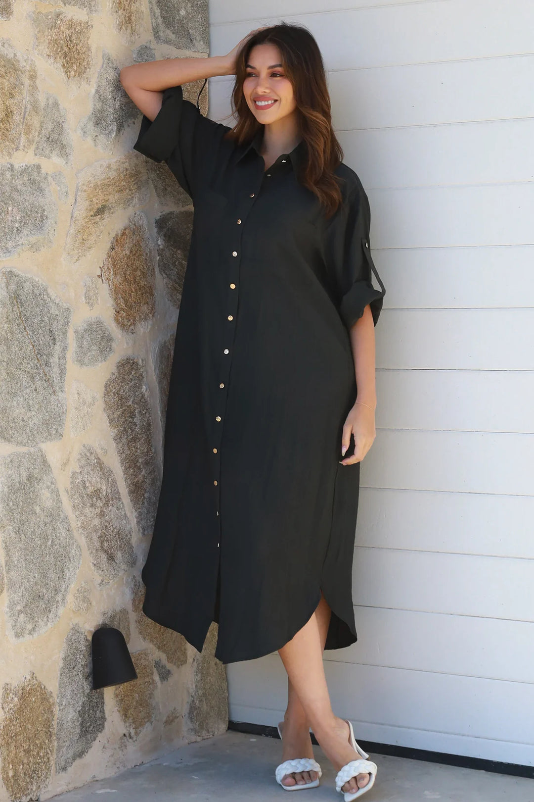 Alina Solid Black Midi Dress