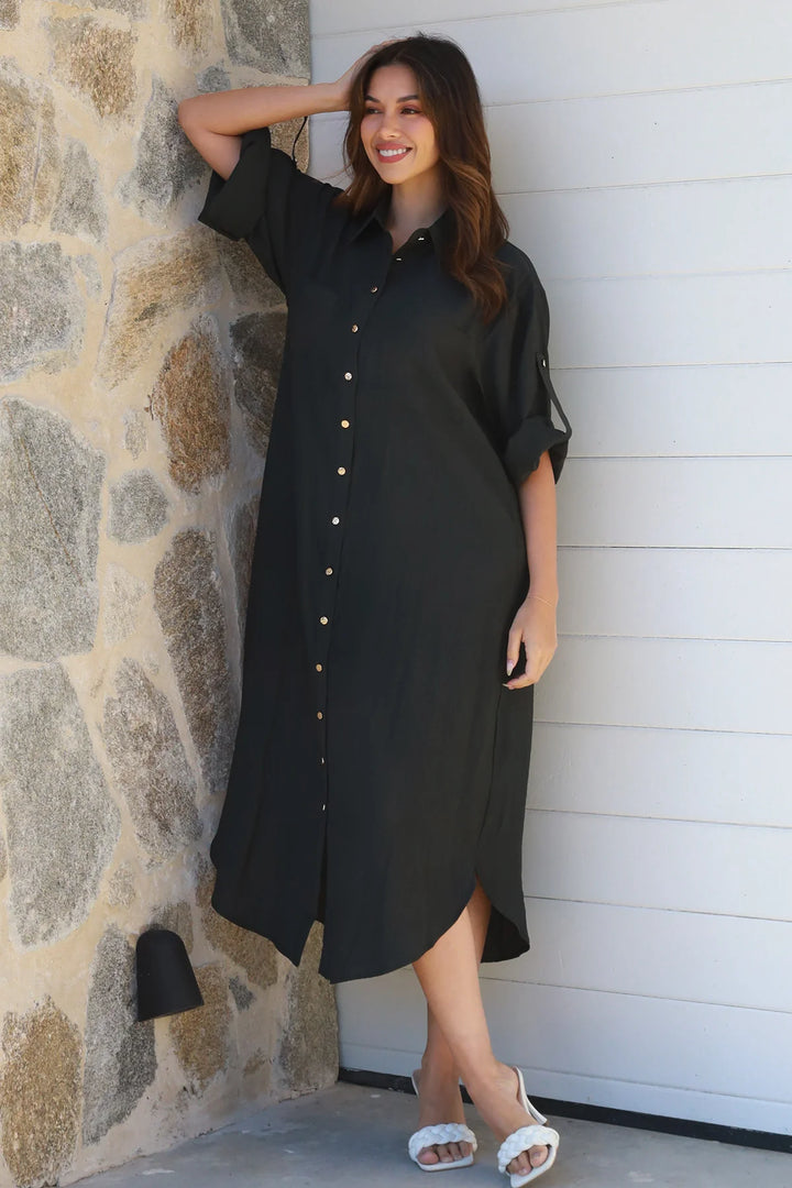 Alina Solid Black Midi Dress