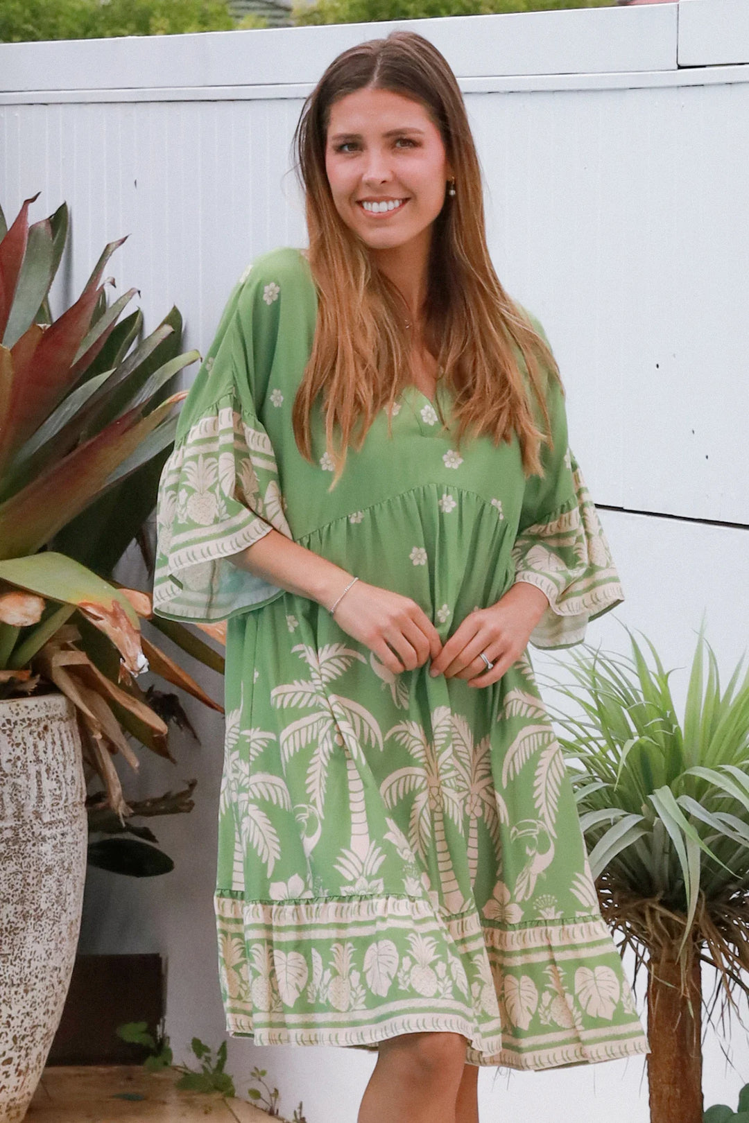 Beatrix Dress – Green & Beige Palm Floral