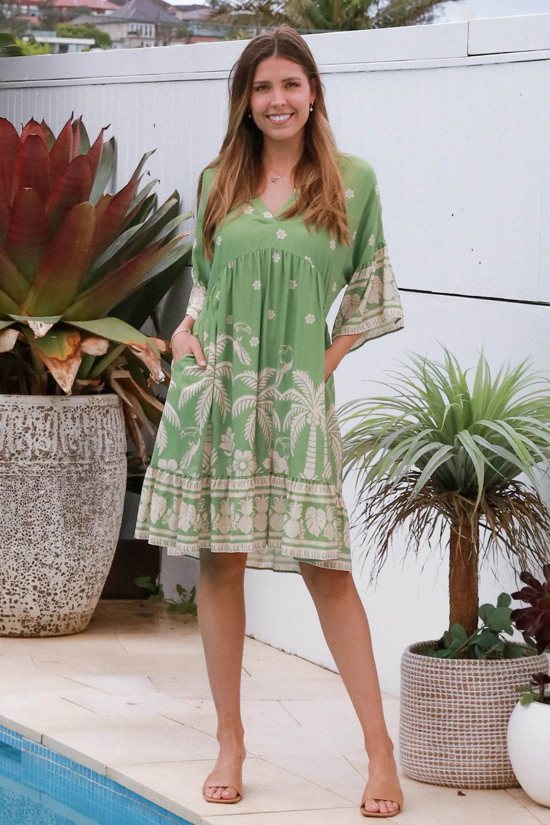 Beatrix Dress – Green & Beige Palm Floral