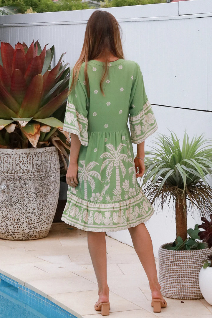 Beatrix Dress – Green & Beige Palm Floral
