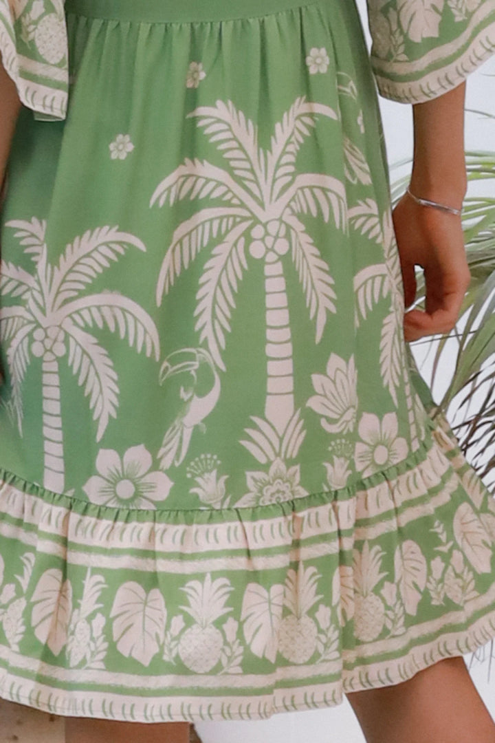 Beatrix Dress – Green & Beige Palm Floral