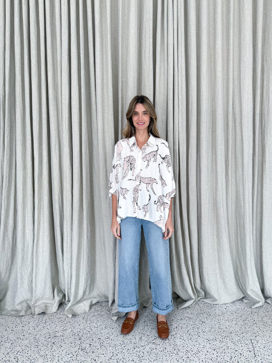 Blair Oversized Shirt - Leopard Print White