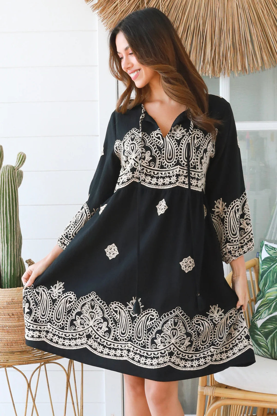 Brooklyn Dress - Black with Cream Pattern | Charlotte The Label