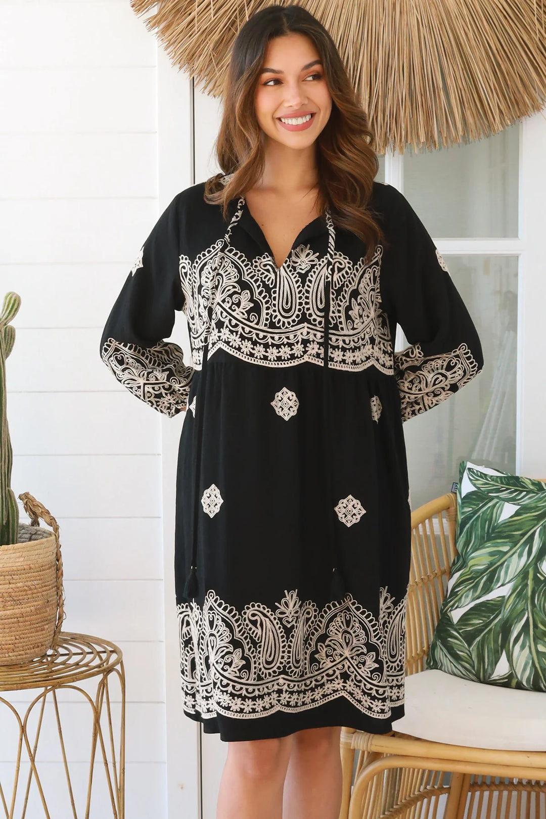 Brooklyn Dress - Black with Cream Pattern | Charlotte The Label