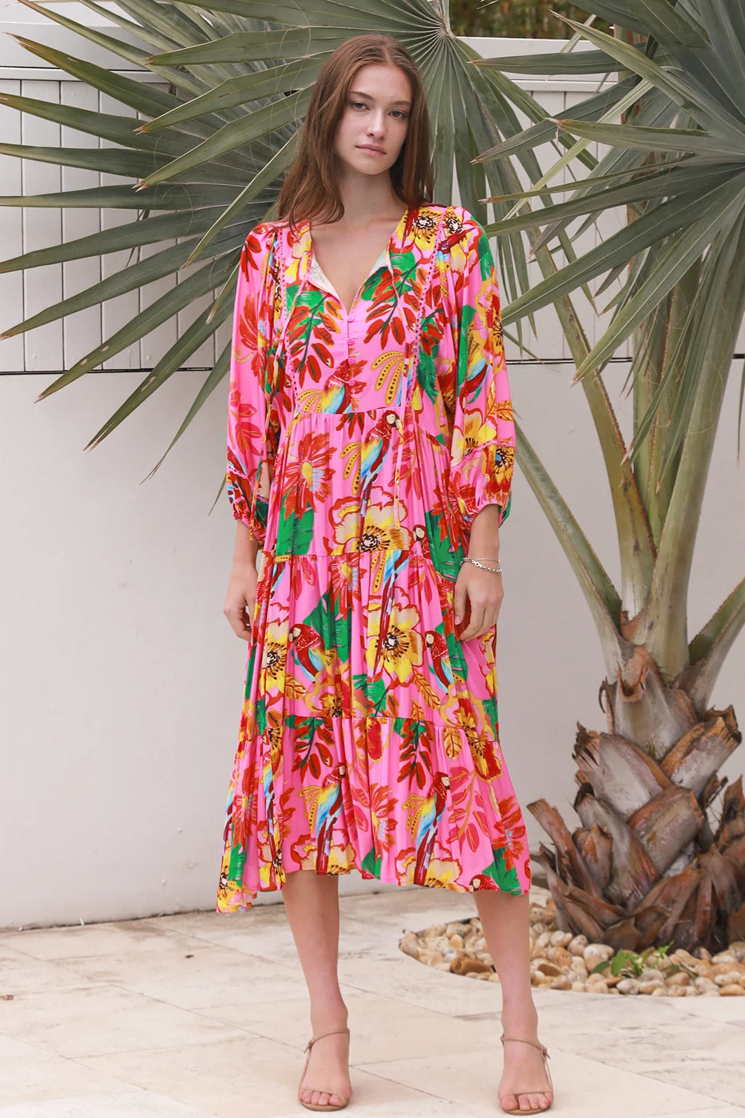Bailey 3/4 Sleeve Midi Dress – Bright Pink Print