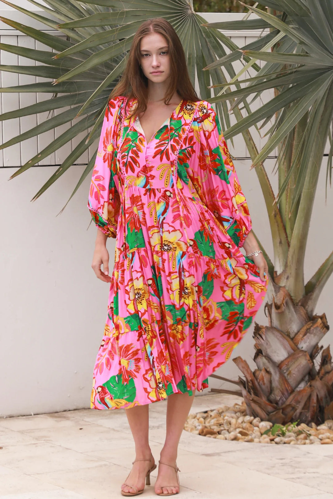 Bailey 3/4 Sleeve Midi Dress – Bright Pink Print