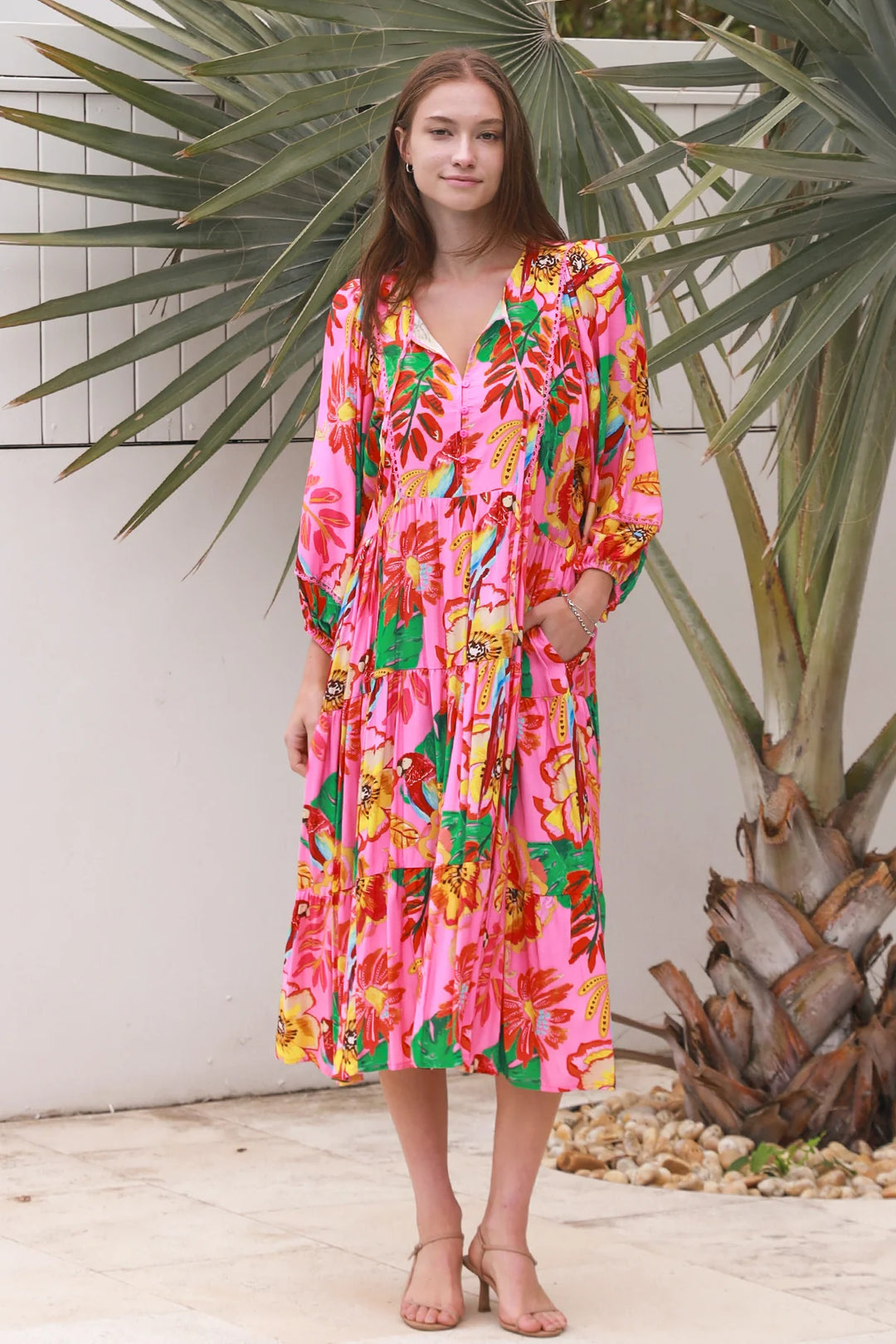 Bailey 3/4 Sleeve Midi Dress – Bright Pink Print