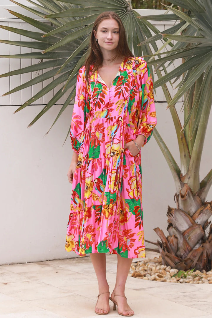 Bailey 3/4 Sleeve Midi Dress – Bright Pink Print