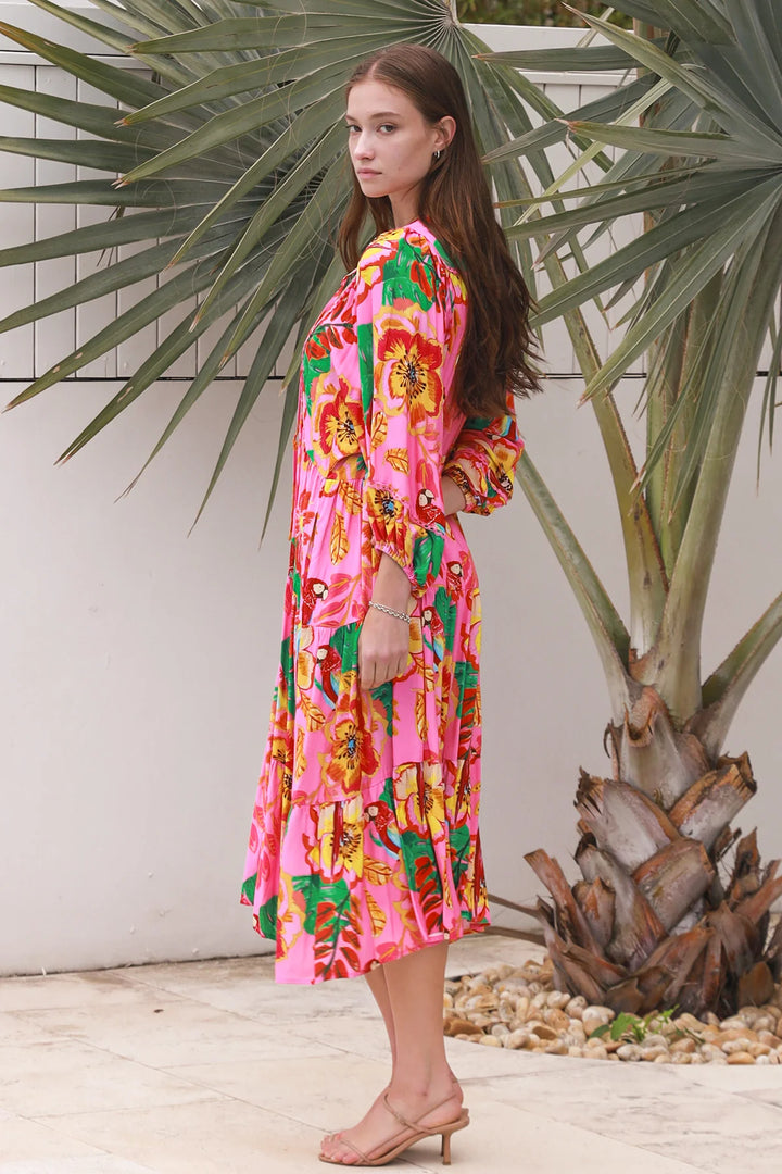Bailey 3/4 Sleeve Midi Dress – Bright Pink Print