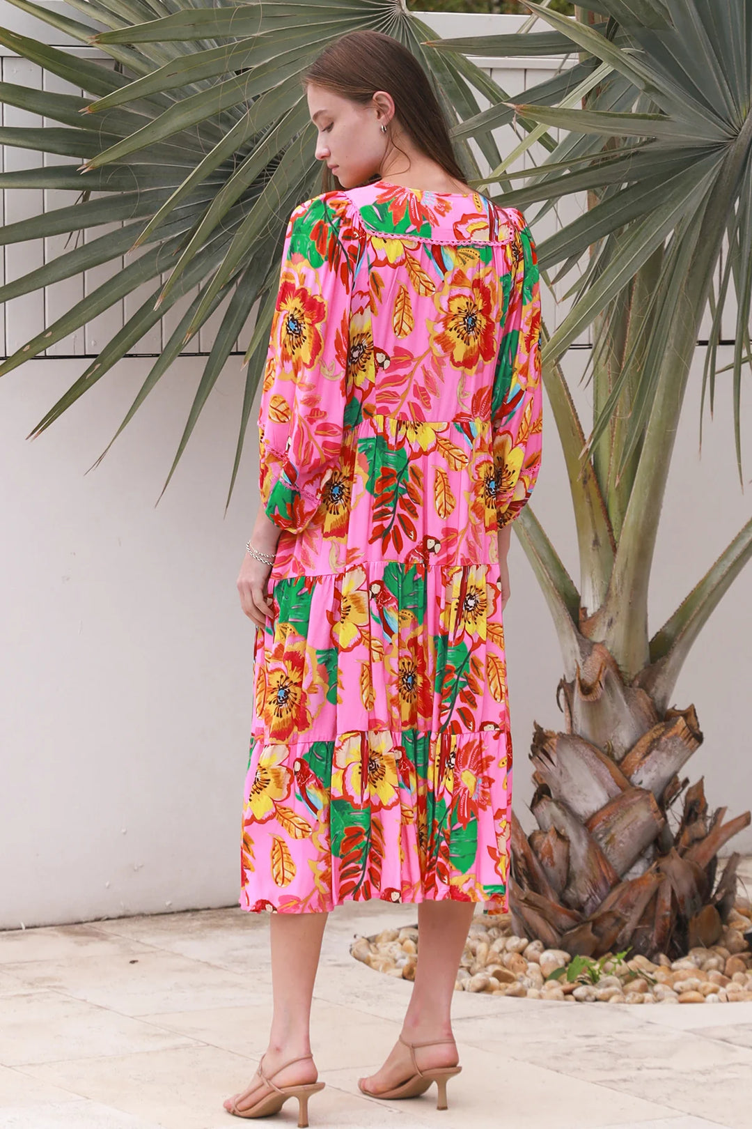 Bailey 3/4 Sleeve Midi Dress – Bright Pink Print