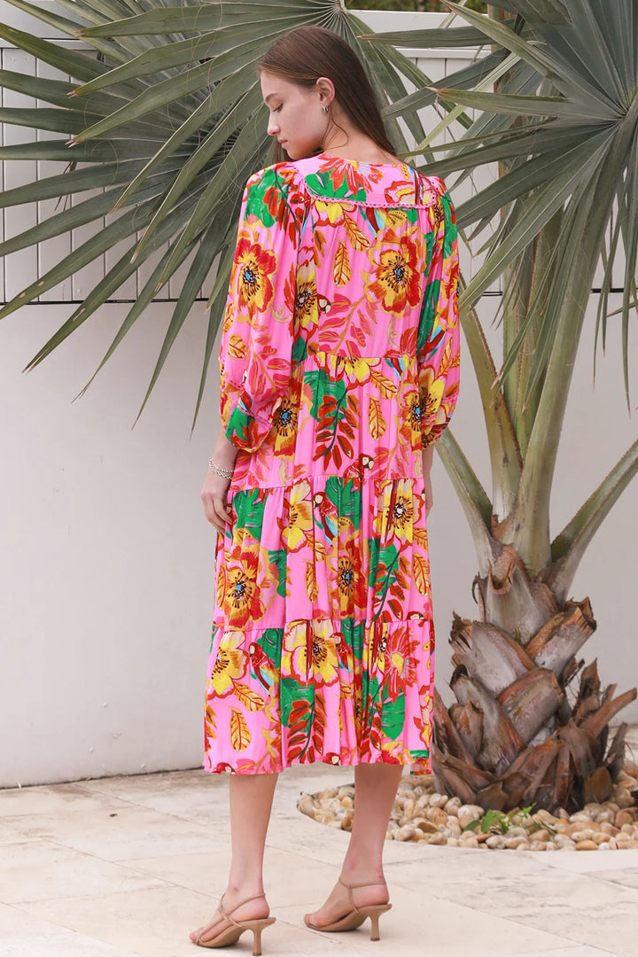 Bailey 3/4 Sleeve Midi Dress – Bright Pink Print