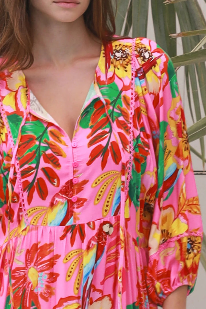 Bailey 3/4 Sleeve Midi Dress – Bright Pink Print