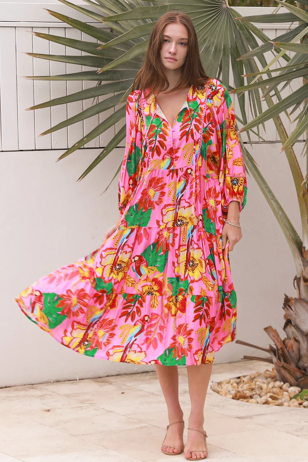 Bailey 3/4 Sleeve Midi Dress – Bright Pink Print