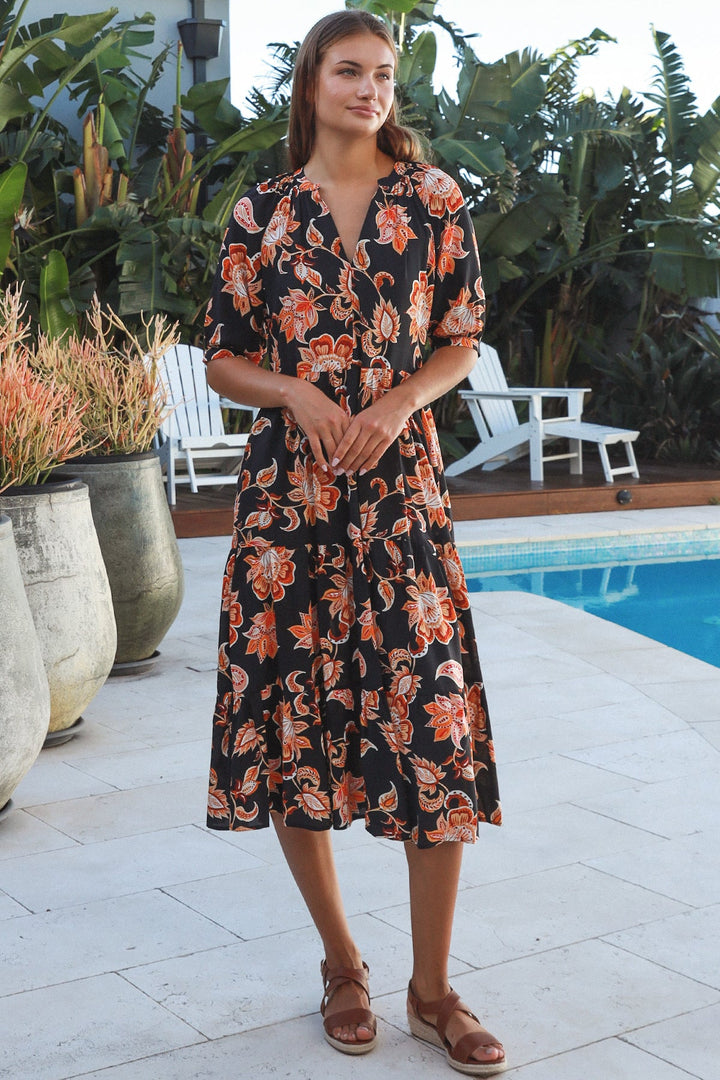 Corey Midi Dress – Black & Orange Floral
