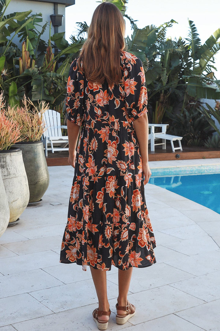 Corey Midi Dress – Black & Orange Floral