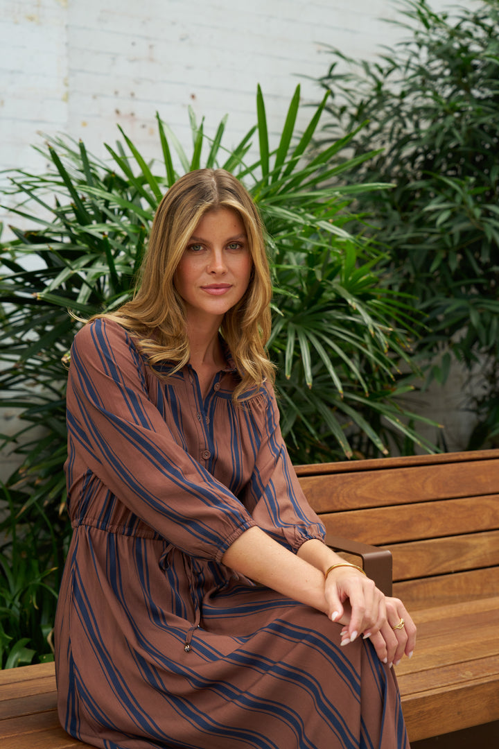 Diaz Maxi Dress-Brown with blue stripe