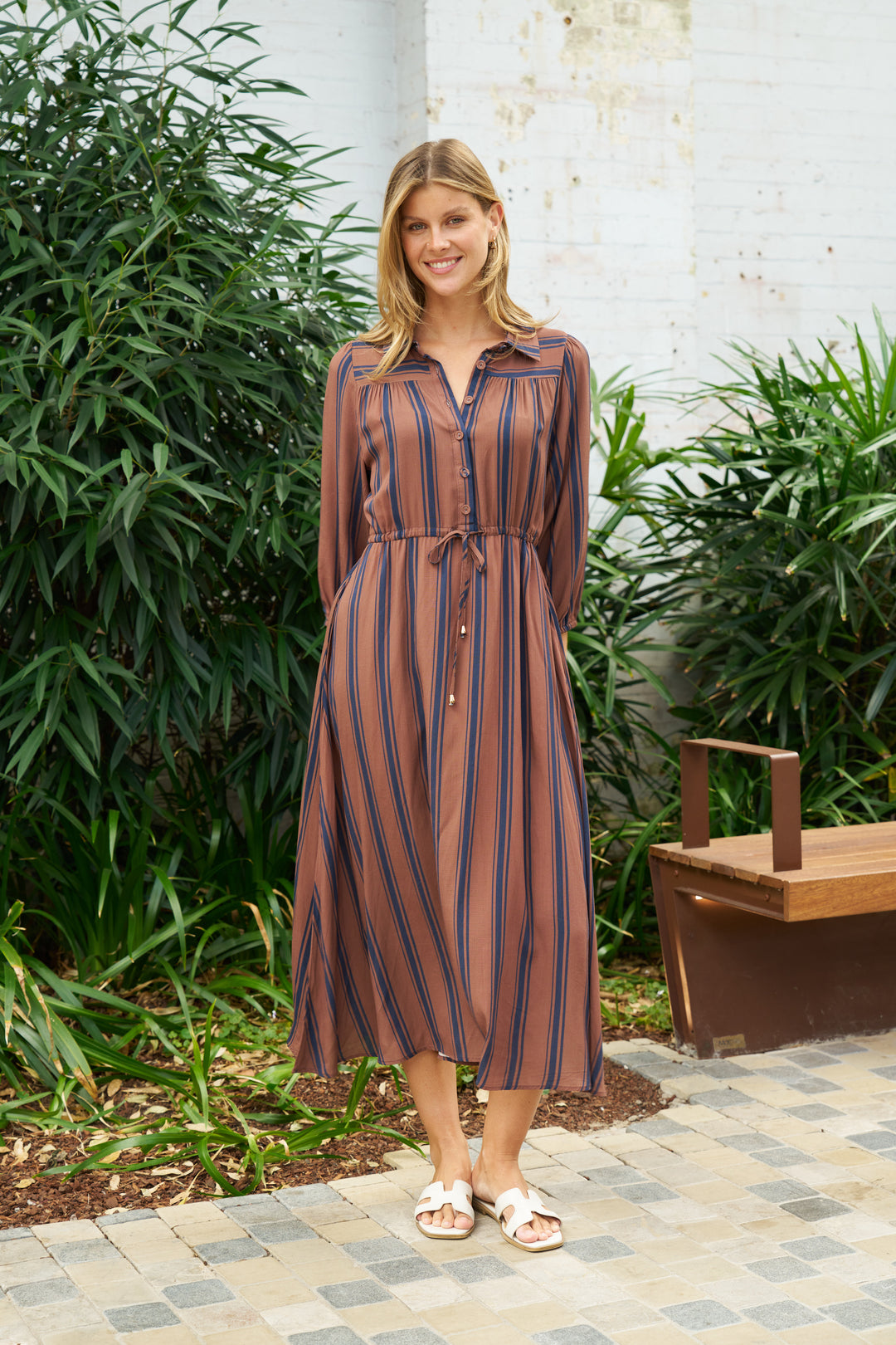 Diaz Maxi Dress-Brown with blue stripe