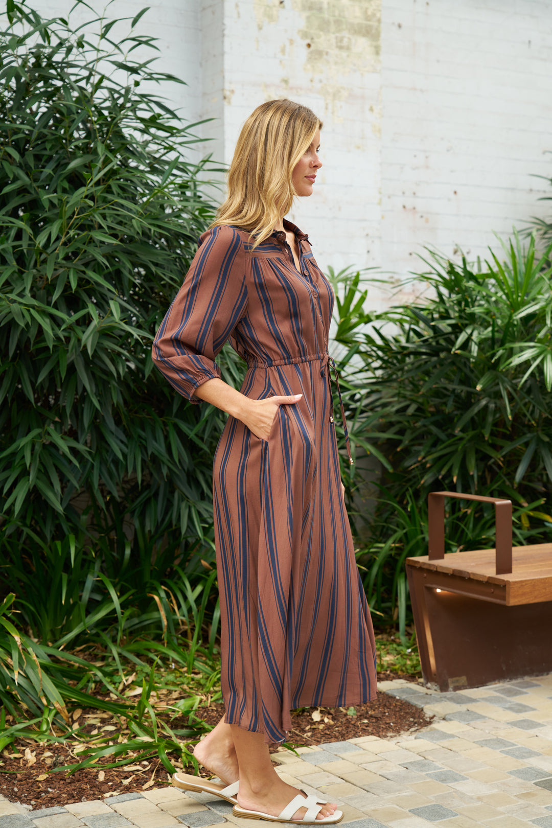 Diaz Maxi Dress-Brown with blue stripe