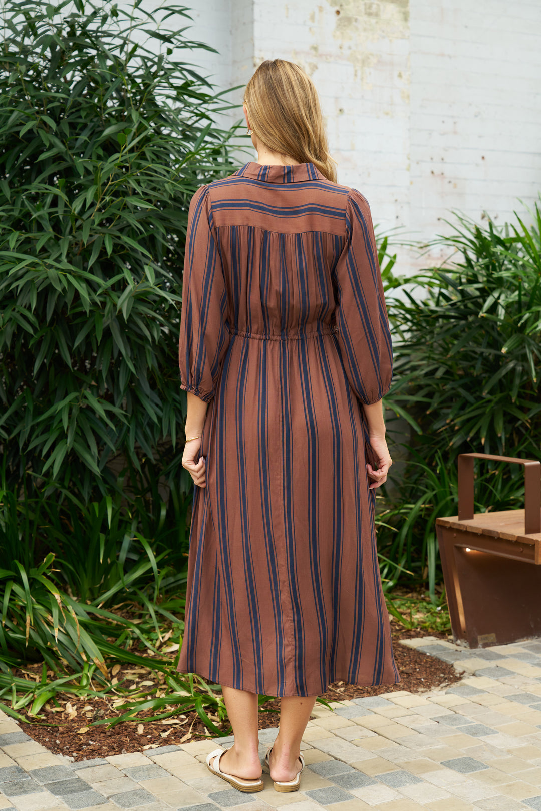 Diaz Maxi Dress-Brown with blue stripe